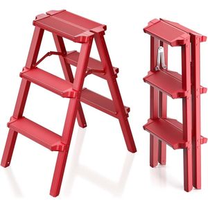 Trapladder, 3 treden, aluminium ladder, opstapkruk, opstapladder, opvouwbaar, kleine vouwladder, maximale belasting 150 kg, antislip en stabiel (rood)