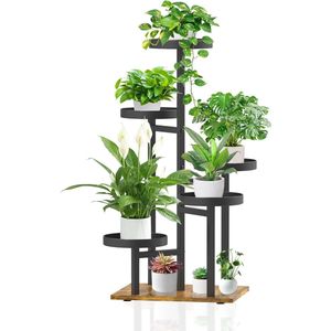 Plantenstandaard, metaal met 5 niveaus, plantenrek, bloemenrek, voor binnen en buiten, houten bloemenstandaard, voor tuin, balkon, woonkamer (zwart)