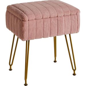 Fluwelen kruk stoel met opbergruimte, voetensteun, voetenbank, voetenbank, kleine bijzettafel, met 4 metalen poten, met anti-slip voeten, voor make-upruimte, slaapkamer, roze