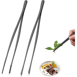 2 kookpincetten, 30 cm kookpincet van roestvrij staal, keukenpincet met fijn geprofileerde grijpvlakken, ideaal voor het grillen en serveren van gerechten (zwart)