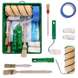 Schilderset 2x verfrollenset + 3x schilderskwasten + schildersband + verfbakje + afdekfolie verfroller/verfroller/verfroller, penseelrol, schildersaccessoires schilderen voor kleuren verfset