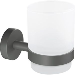 Tandenborstelbeker van gesatineerd glas met houder, mat grijs - voor industriële badkamers en moderne badkamers - boorvrij, inclusief lijmoplossing - 96 mm x 70 mm x 109 mm