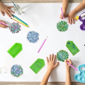 Pakket van 8 vetplanten diamantschilderij onderzetters 5D acryl knutselonderzetters DIY diamantschilderij onderzetters met houder Geschikt voor cafés, kantoren, woonkamers en bars
