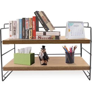 Bureau-opbergplank, bureau-organizer, multifunctionele boekenplank voor kantoor, thuis, desktop-displayplank, bureaustandaard, boekenplank (houtkleur, 2 lagen)