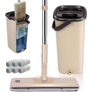 Mop- en emmerset, vloermopset met 6 microvezelpads, emmer met twee kamers, reinigingsemmer met vlakmop voor het reinigen van hardhouten tegels, laminaatvloeren