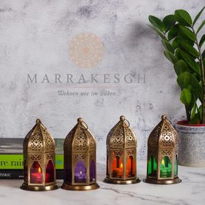 lantaarns, set van 4 lantaarns, kleurrijk, 16 cm, 4x Oosterse windlicht van metaal en glas in 4 kleuren, Marokkaanse glazen lantaarns voor buiten als tuinlantaarn in rood - paars - groen - oranje