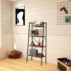 Staande plank, 4-laags boekenkast, ladderplank, plantenstandaard, industriële stijl opbergplank voor woonkamer, thuiskantoor, studeerkamer, hal, rustieke bruine en zwarte plank