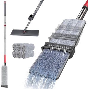 Dweilmop met Uitwringfunctie - Microvezel Vloerwisser - Platte Mop met 6 Herbruikbare Dweilpads - Wisserset voor Vloerreiniging - Grijs/Rood