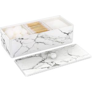 Wattenstaafjeshouder met Deksel - Wattenschijf- en Oorstaafjes Dispenser - Marmerpatroon - Acryl Cosmetica-Organizer - Opbergdoos - 3 Vakken - Inkt Wit
