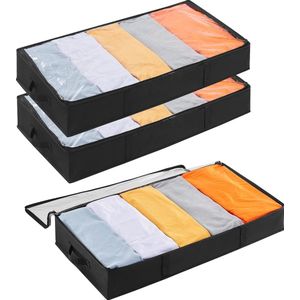 Opbergdoos voor onder het bed, 3 stuks, met deksel, onderbedcommode, opvouwbare opbergtas, kleding, opbergtas voor dekbedden, kleding, onderbed, kledingkast, 65 l, zwart