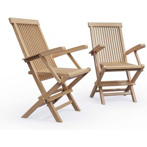 Set van 2 inklapbare teakklapstoelen met armleuningen, gemaakt van teakhout, geschikt voor balkon, tuin, terras en tuinmeubelen.