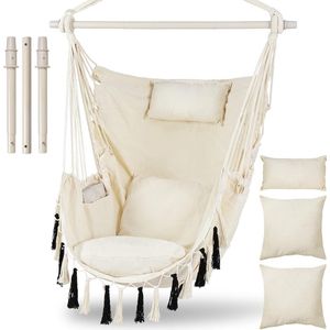 Hangstoel zonder frame, hangstoel met 3 kussens, hangstoel voor volwassenen en kinderen, ophangstoel voor binnen, buiten, slaapkamer en tuin, max. belastbaarheid 150 kg