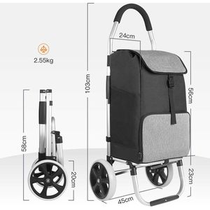 Boodschappentrolley met grote laadcapaciteit en warmte-isolerende tas, lichtgewicht boodschappentas met wielen, max. belastbaarheid 45 kg, 41L, zwart
