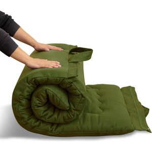 Draagbare opvouwbare futon matras, hypoallergene stof en traagschuim, matrashoes met handgreep en ritssluiting, voor gastenwagen binnen en buiten, groen, 90 x 190 cm