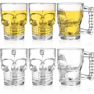 Set van 6 500 ml schedelglazen biermok met handvat, zware basis -drinkglazen, heldere grappige bierpul voor whisky, wijn, sap, bar, Halloween-decoraties Geschenken