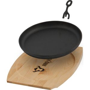 Gietijzeren serveerpannetjes met houten onderlegger (1 stuk), diameter 22 cm, rond, reeds ingebrand, preseasoned, grillpannetjes met afneembare handgreep, gietijzeren pan, paella pan