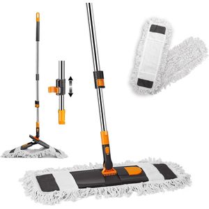 Platte vloerwisser, opvouwbare dweilmop set met twee 60 cm brede wisserpads en 126 cm roestvrij stalen telescoopsteel, vloermop, platte mop voor hardhout, tegels, parket, marmer, laminaat