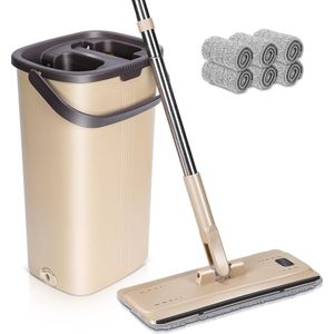 Dweilmop set met emmer, 132 cm platte mop met roestvrijstalen handgreep en 6 microvezel dweilkop, handvrije vloerwisser met uitwringfunctie voor hardhout, laminaat, tegels (beige)