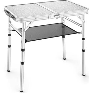 Klaptafel, verstelbare hoogte campingtafel met mesh opbergmogelijkheid, 60 x 40 cm, inklapbare campingtafel met aluminium poten voor outdoor, camping, picknick, strand, wit