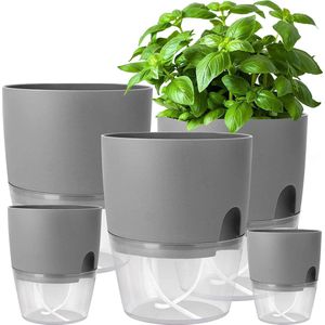 Kruidenpot/keukenset, vensterbank, zelfbewaterend, set van 5, kruidentuin voor de keuken, 15,3/10,5/8,2 cm, voor verse keukenkruiden, grijs
