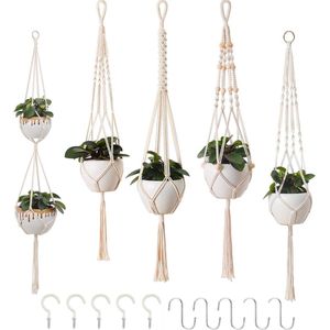 Set van 5 macramé bloemenhangers, boho-decoratie, katoenen touw, hanglamp, bloempot, plantenhouder, hangers voor binnen en buiten, plafond, balkon, wanddecoratie (beige)