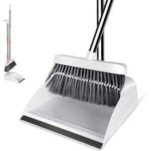 Bezem- en stofferset, 130 cm lange steel stofferset, staande veegmachine en stoffer met tandenkammen voor woonkamer, keuken, kantoor-wit & oranje