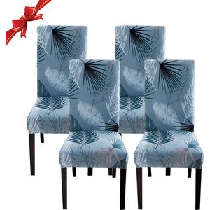 Universele stoelhoezen, 4 stuks, stretch, set van 4 moderne stoelhoezen, schommelstoelen, elastische duurzame stoelhoezen voor eetkamer, banket, decoratie (blauwe bladeren, 4 stuks)