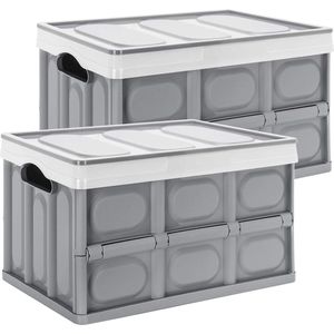 Set van 2 professionele vouwboxen van 55 l Transportbox met deksel, opvouwbare opbergbox met handvat, stapelbare dozen opbergbox, vouwdozen voor opslag en transport, polypropyleen, grijs (55 L)