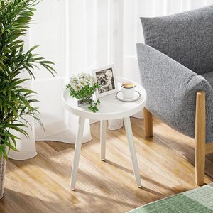 Bijzettafel, kleine ronde salontafel, woonkamertafel met massief houten poten, dessert in Scandinavische stijl voor woonkamer, slaapkamer, balkon, 38 x 45 cm, wit