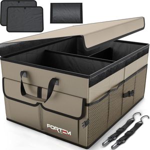 Car Boot Organiser, Boot Bag, Foldable Car Organiser Boot with Compartments, Non-Slip Base, Adjustable Safety Straps, Folding Lid (Brown, Size L)