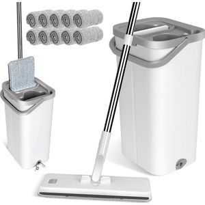 Masthome Mop Set with Bucket, Floor Mop Set with 10 Microfibre Pads and Long Stainless Steel Handle, Mop with Wring Function for All Floors