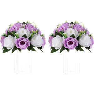 Kunstbloem bal tafelopzetstukken: 2 stuks lila & wit namaakbloemen rozen ballen 24 cm diameter voor tafelopzet faux rose voor bruiloft party tafeldecoraties