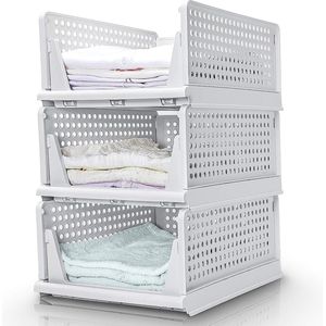 Ladebox, set van 3, stapelbare kledingkast organizer, rek opbergdoos, scheidingswand stapelladen voor kleding keuken slaapkamer, wit (groot: 43 x 33 x 19 cm)
