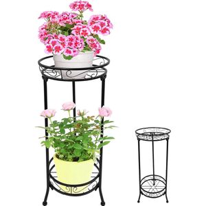 Metalen plantenstandaard, 2-laags stabiele bloempotstandaard, bloemkruk, bloempotstandaard voor binnen en buiten, plantenbakdisplayhouder voor woonkamer, balkon, tuin (B)