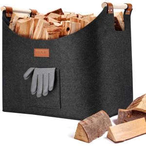 Haardhoutmand, opvouwbare houten mand voor haardhout, grote vilten tas van extra dik vilt, vilten mand voor vuur, open haard, brandhout, als boodschappenmand, boodschappentas, 45 x 32 x 40 cm,