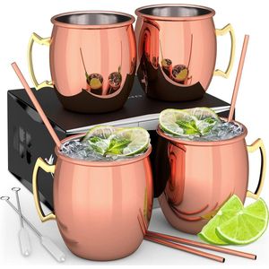 Bekerset koperen bekers - beker van koper met rietje & geschenkdoos, Moscow Mule koperen mokkenset met traditioneel glad oppervlak als ginbeker & voor cocktail (set van 4)