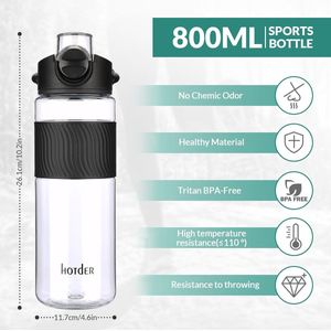 Waterfles 800 ml, bidon sportfles Tritan BPA-vrije sportfles kunststof met deksel en lekvrij, voor fietsen, outdoor, sport, fitness en kantoor