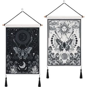 2 stuks kleine wandtapijten met kwastjes, zon en maan tapijt, tarot wandbehang vlinder mot wandtapijt zwart en wit wandtapijt voor slaapkamer esthetiek (maansverduistering)