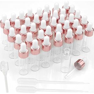 Mini pipetfles, 40 stuks, druppelfles, glazen fles met pipet, 5 ml, transparante druppelfles, kleine flesjes voor etherische olie, aromatherapie, massage, nagelverzorgingsolie (roségoud)
