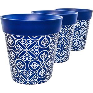 22 cm, set van 3, in verschillende kleuren en patronen, plastic bloempotten voor binnen en buiten, blauw Marokkaans