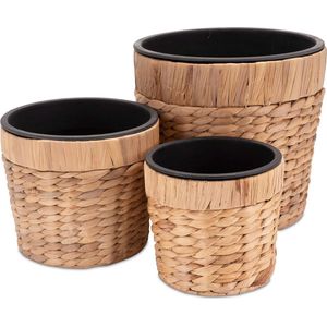 Set van 3 bloempotten, rond, gevlochten, van zeegras, met kunststof inzetstuk voor het planten - plantenpot - 16 cm + 20 cm + 26 cm