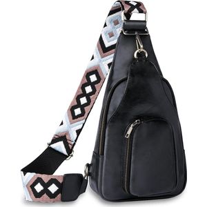 Crossbody Bag met brede riem, kleine schoudertas, borstzak, vintage schoudertas, crossbody tas, brede riem, bodybag voor dames, sling bag, zwart