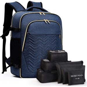 Grote rugzak, handbagage voor dames, 15,6 inch, laptoprugzak, reisrugzak, wandelrugzak met 6-delige kledingtassen voor vakantie, business, werk, reizen, blauw