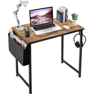 Klein computerbureau, studeertafel voor kleine ruimtes, thuiskantoor, 31 inch, rustiek studentenlaptop, pc-bureau met opbergtas, hoofdtelefoonhaak, bruin