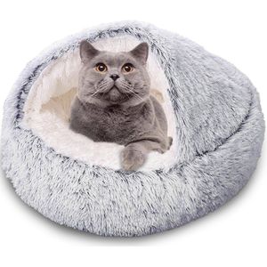 Kalmerend kattenbed, donutvormig knuffelnest, warm zacht pluche honden- / kattenkussen met gezellige spons, antislip bodem voor kleine, middelgrote huisdieren om te dutten of binnen te slapen (plush plafond-grijs)