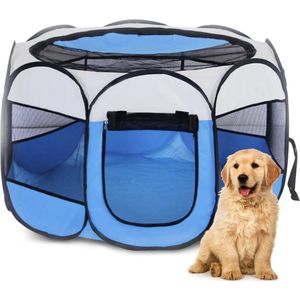 Puppyren voor binnen voor honden en katten, puppyuitloop, hondenpark, indoor, 74 x 74 x 43 cm, kattenhok met 2 deuren, inklapbaar, ideaal voor kleine dieren (blauw)