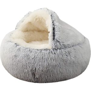 honden cave, katten cave,Huisdierbed, rond, zacht pluche, hol, afdekking, kattenbed, donutvorm, voor honden en katten, imitatiebont, rond, comfortabel, grijs (50 cm x 50 cm)