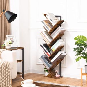 Boomboekenplank, hoge, 9-laags staande boekenplank, hoge boekenkast voor cd-albums, voor woonkamer, rustiek bruin en zwart