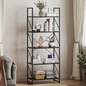 Boekenkast met 5 niveaus, staand boekenrek, houten rek en metalen frame, opbergrek voor woonkamer, thuiskantoor - zwart