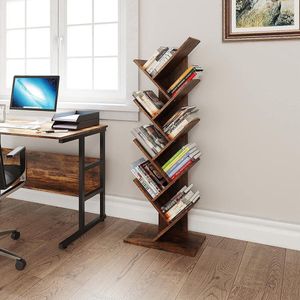 Boomplank, vloerstaande boekenplank, rustieke bruine industriële houten planken, boekenkast, displayopbergrekken voor woonkamer, thuis, kantoor, rustieke bruine boekenplanken